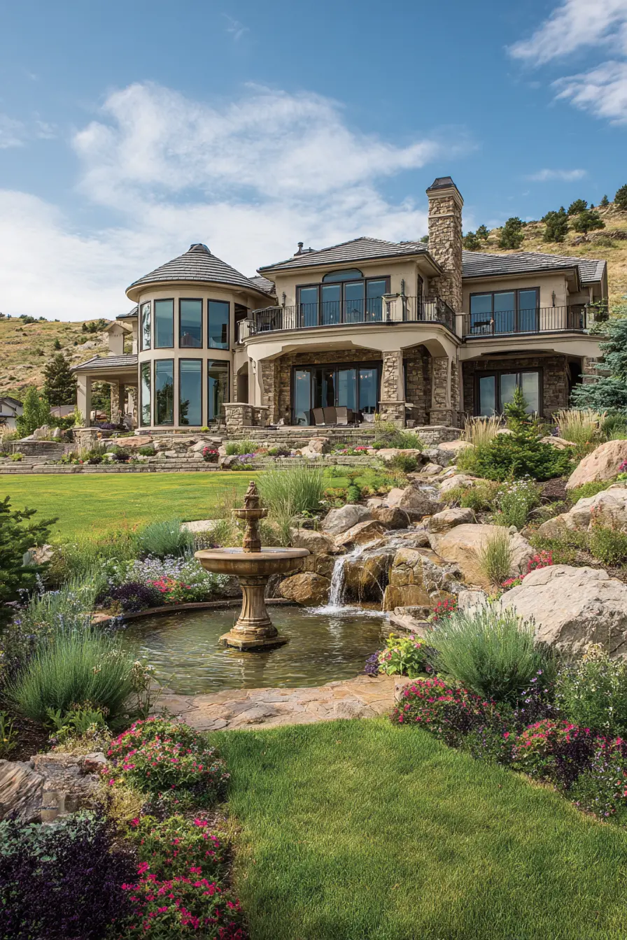 Grand Exterior with Stone Accents and Water Features