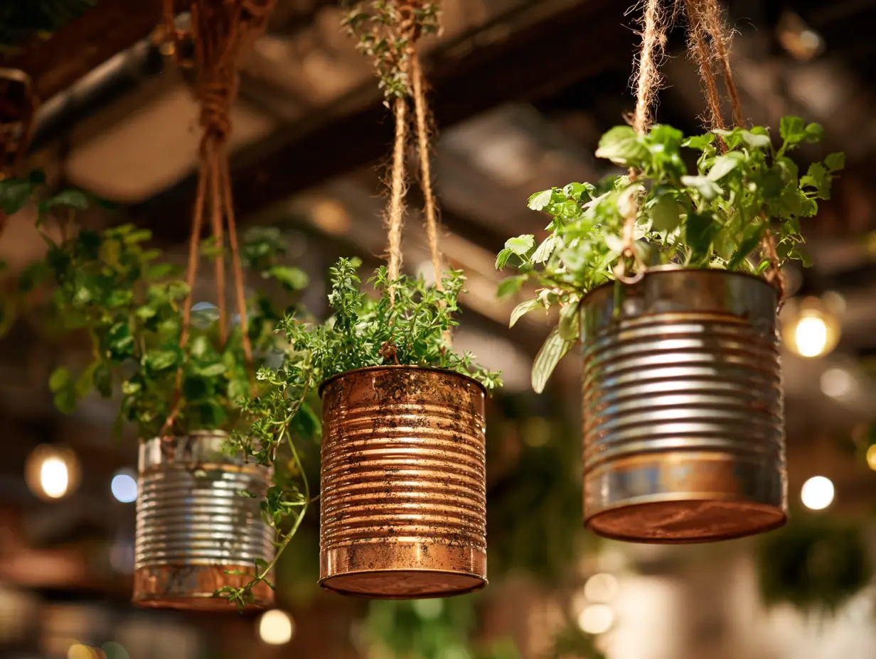 Decorate Old Tin Cans and Hang Them as DIY Planters