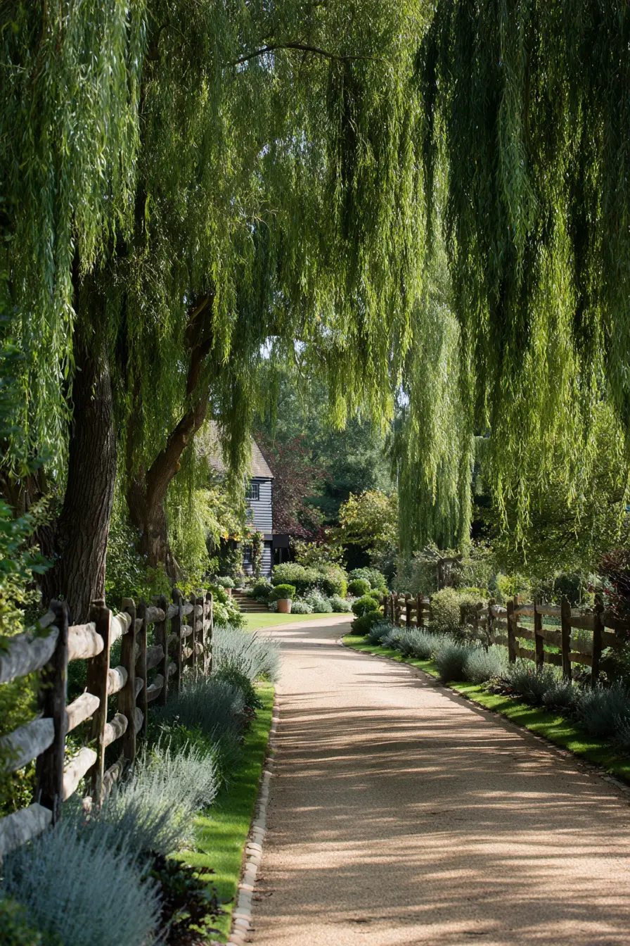 Country Driveway Divider with Willow Trees