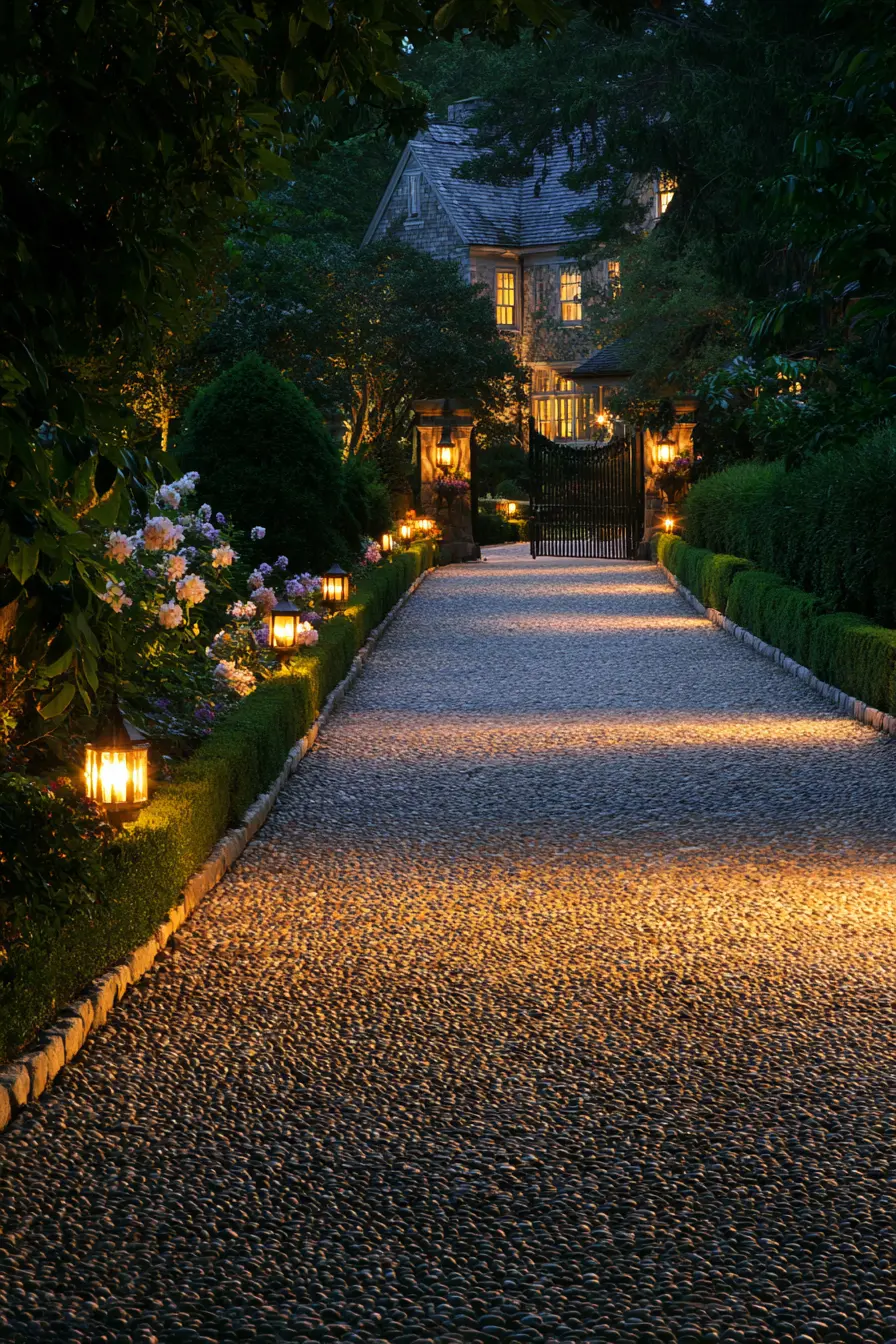 Illuminated Cobblestone Driveway with Garden Charm