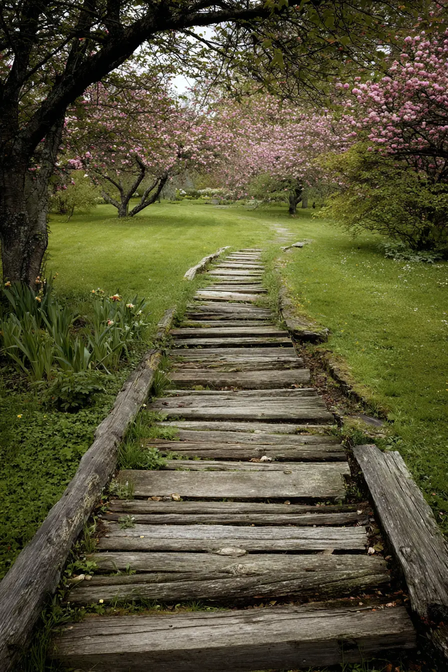 Rustic Grassy Path with Wooden Plank Walkway