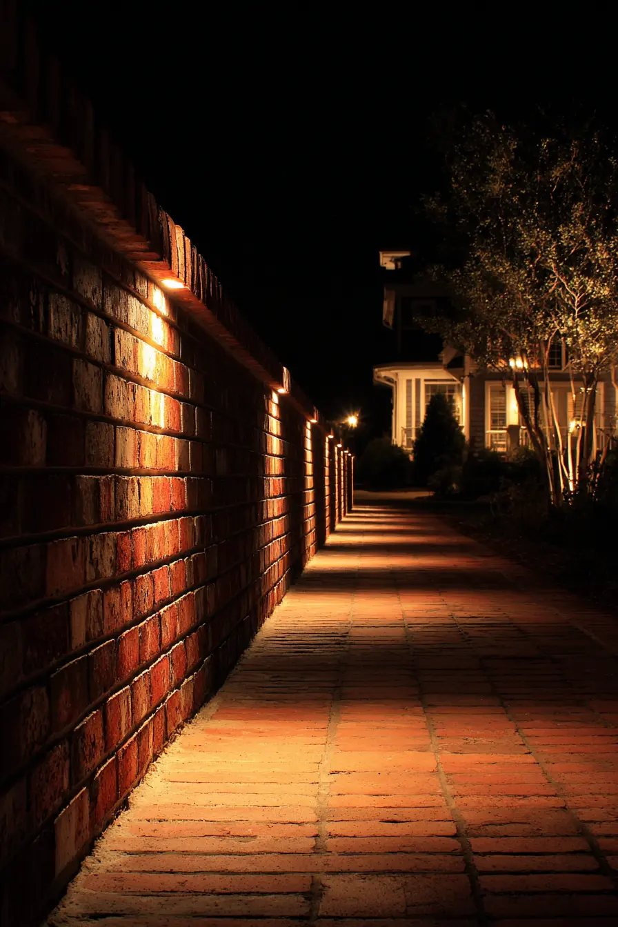 Brick Driveway Wall with Subtle Night Lighting