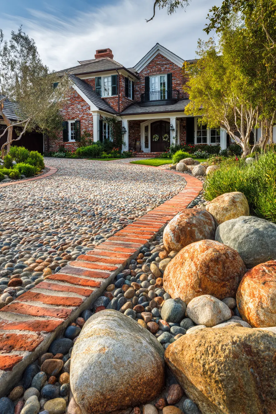 Cobblestone Concrete Driveway with Brick Edging