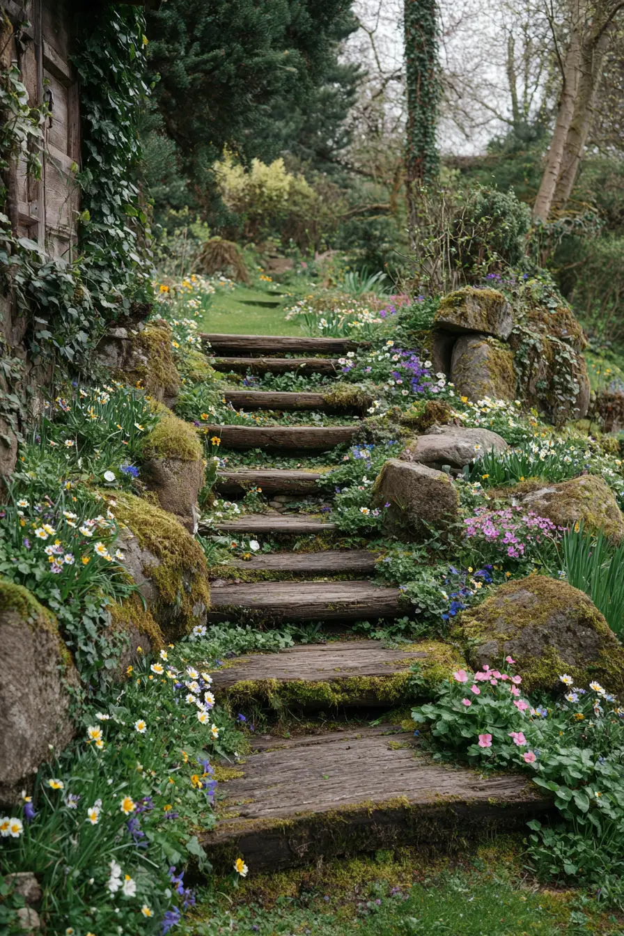 Cottage Garden Steps with Moss and Wildflowers