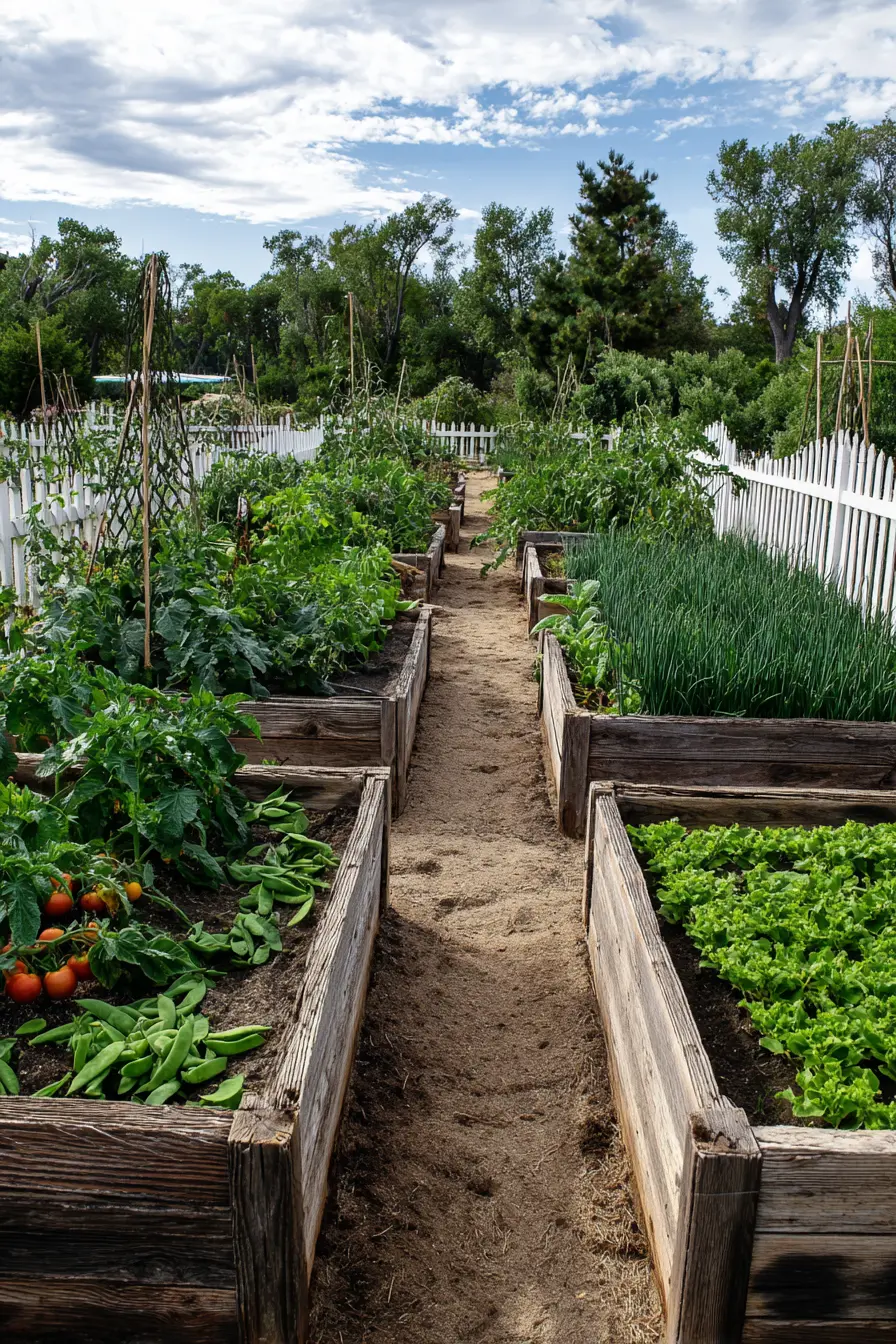 Sandy Pathway Between Rustic Raised Beds