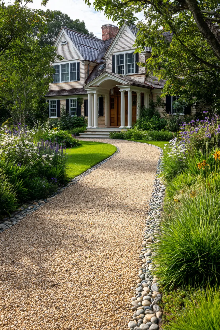 Charming Gravel Driveway with Classic Curb Appeal
