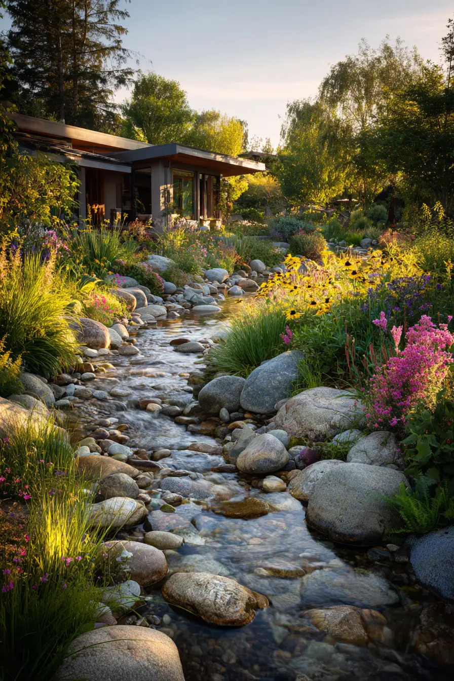 Rock Border Along a Serene Garden Stream