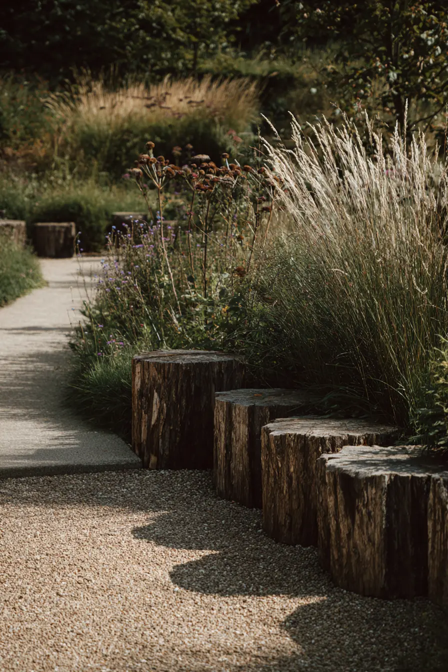 Rustic Log Border with Natural Grasses