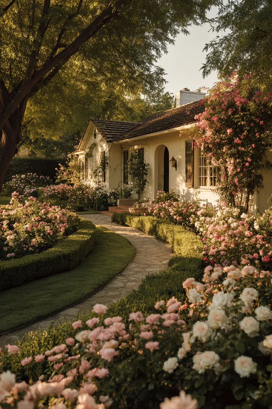 Romantic Block Paved Driveway with Rose Garden