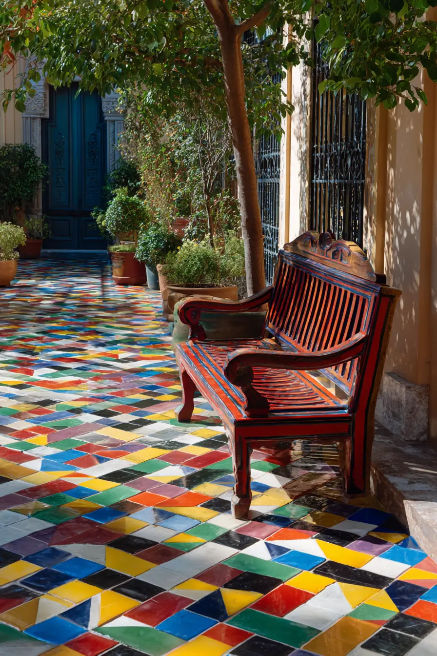 Vibrant Geometric Brick Paver Courtyard