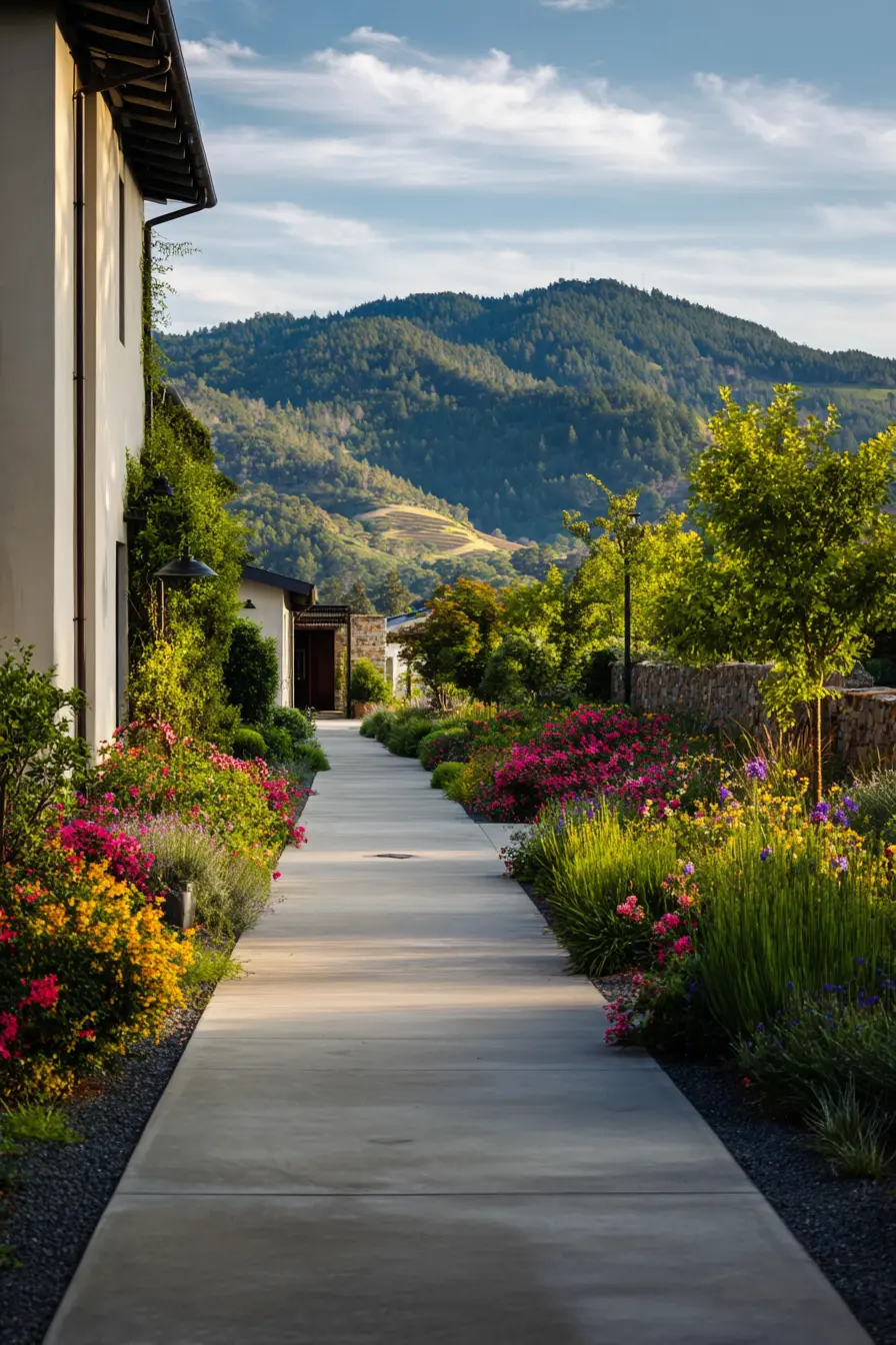 Modern Concrete Pathway with Mountain Backdrop
