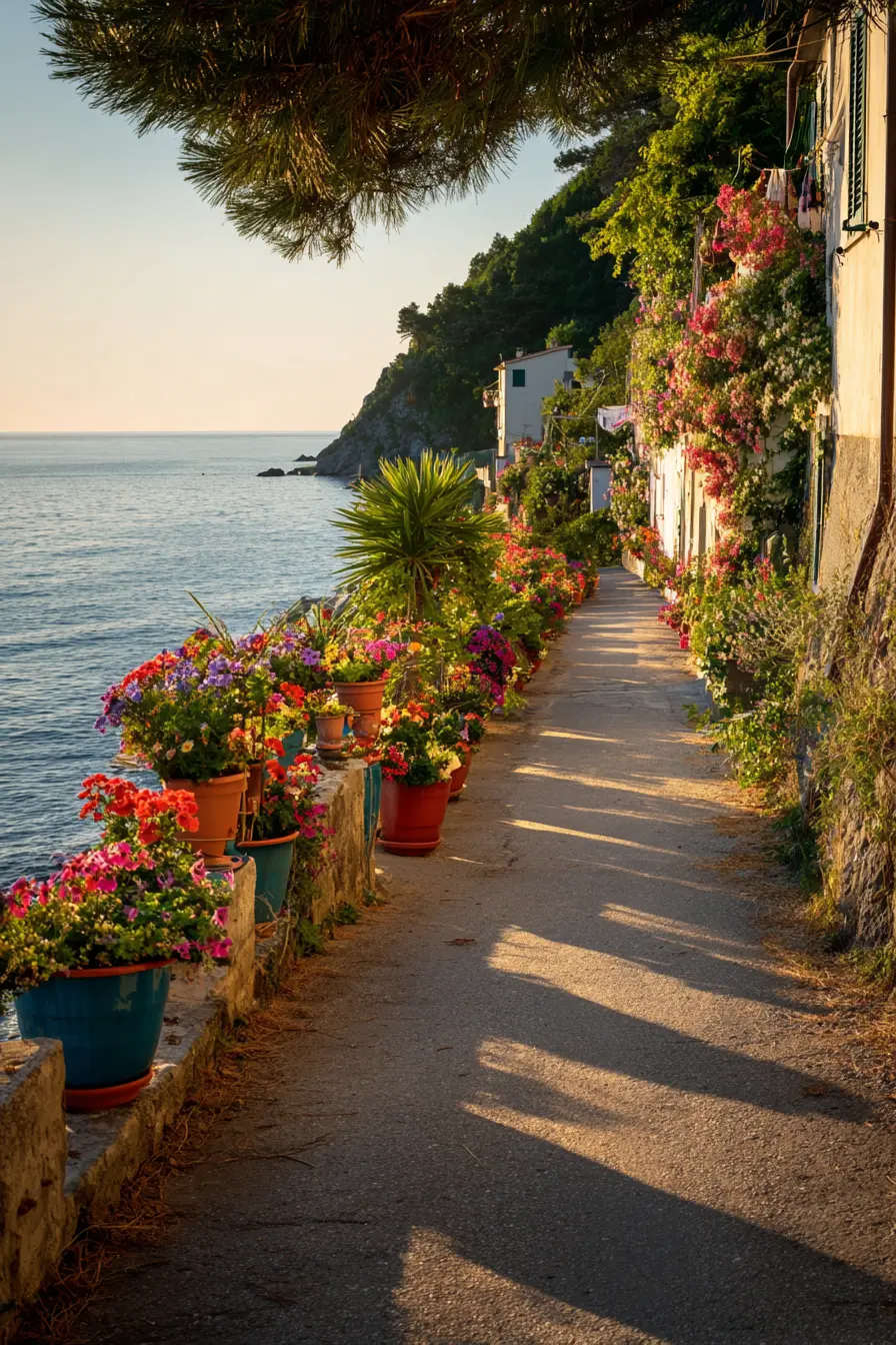 Coastal Driveway with Colorful Potted Blooms