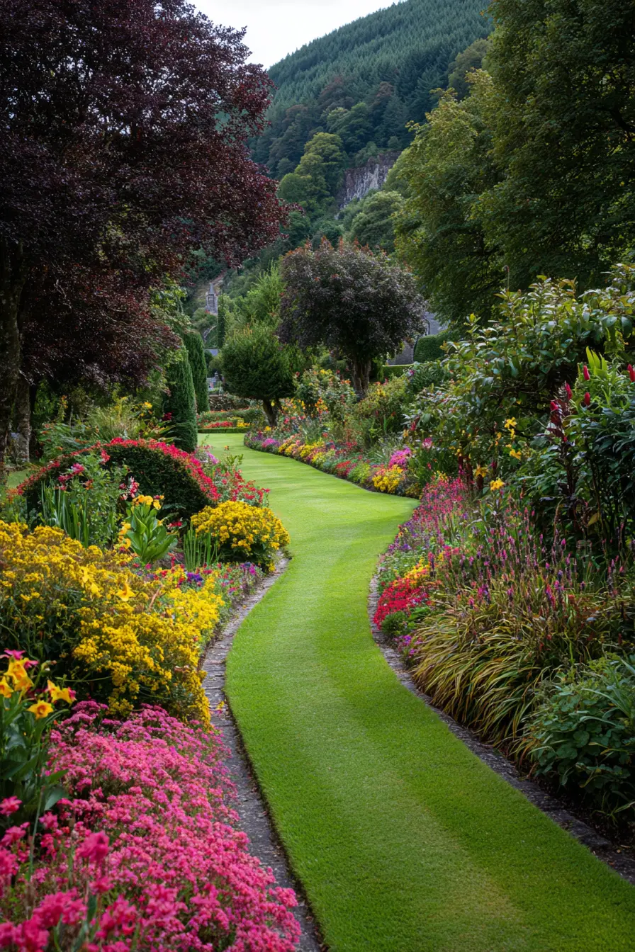 Vibrant Grass Walkway Through a Floral Garden