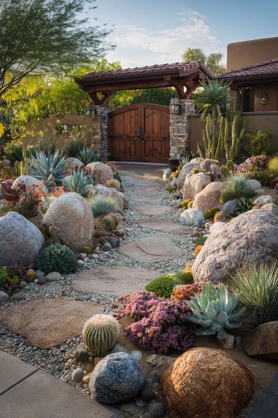 Desert-Inspired Driveway Border with River Rocks