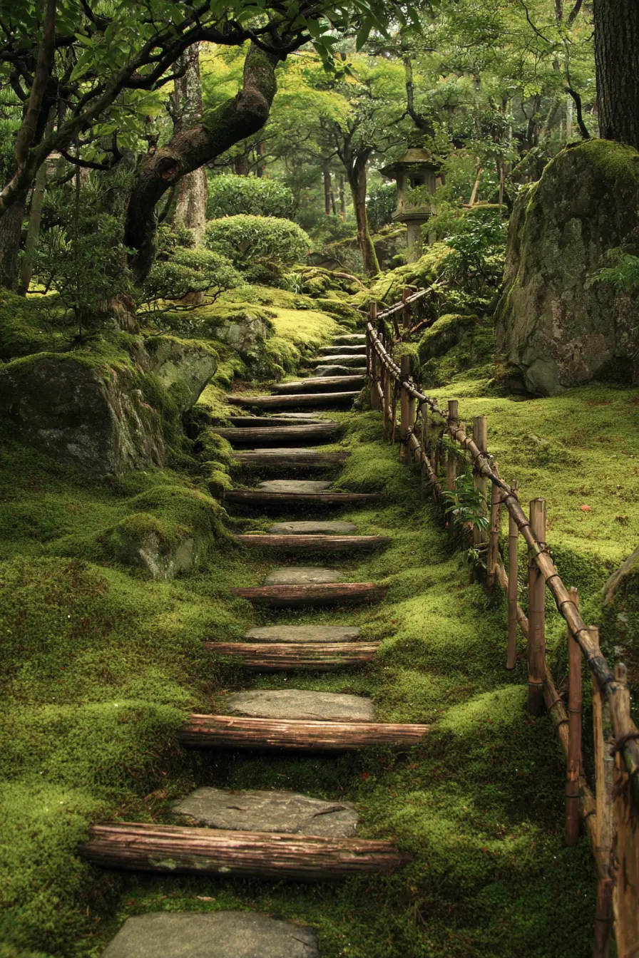 Tranquil Moss-Covered Garden Stairs