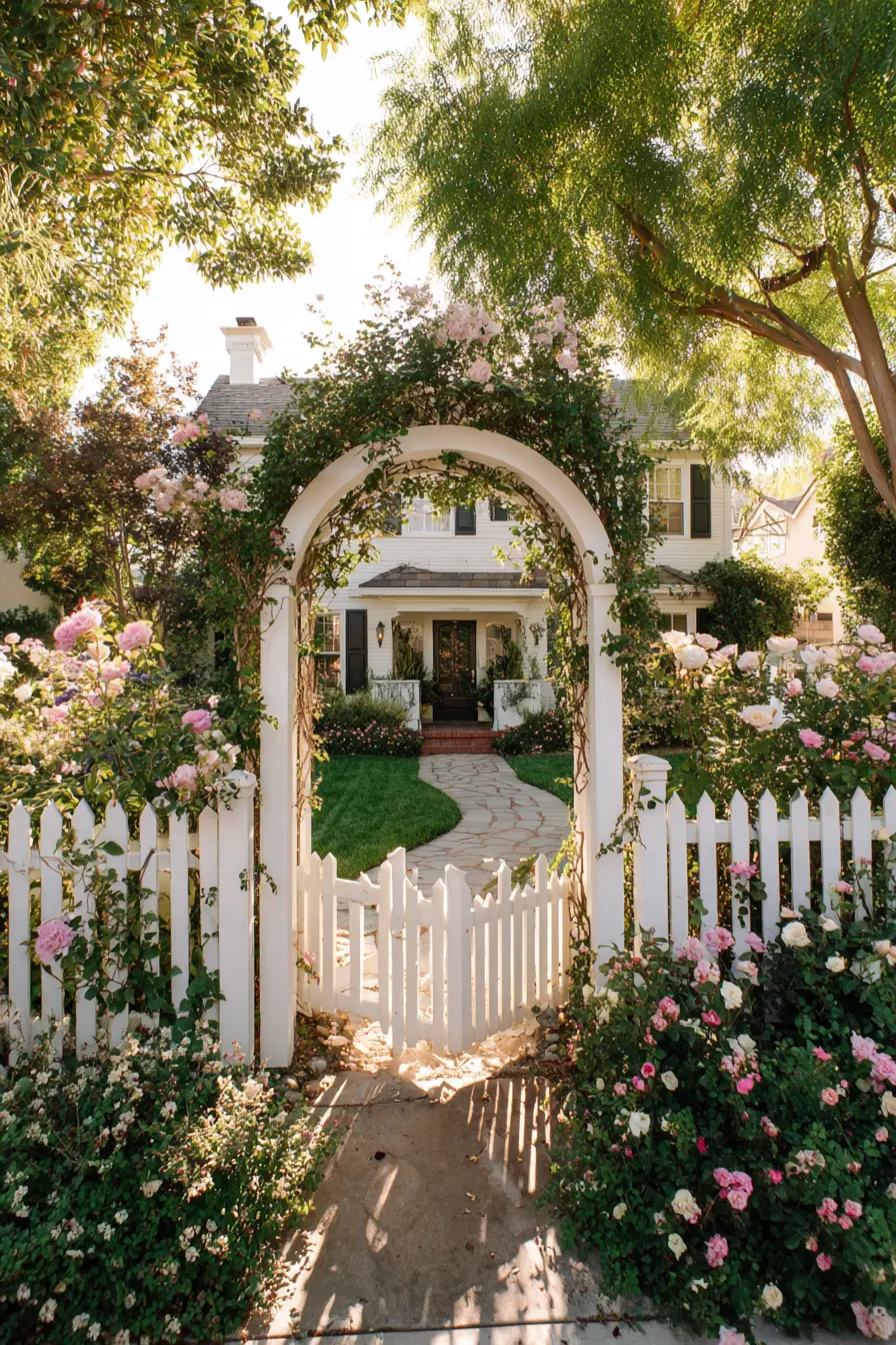 Charming White Picket Gate with Floral Arch
