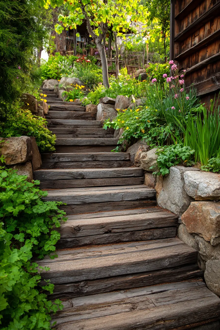 Rustic Wooden Stair Risers with Garden Greenery