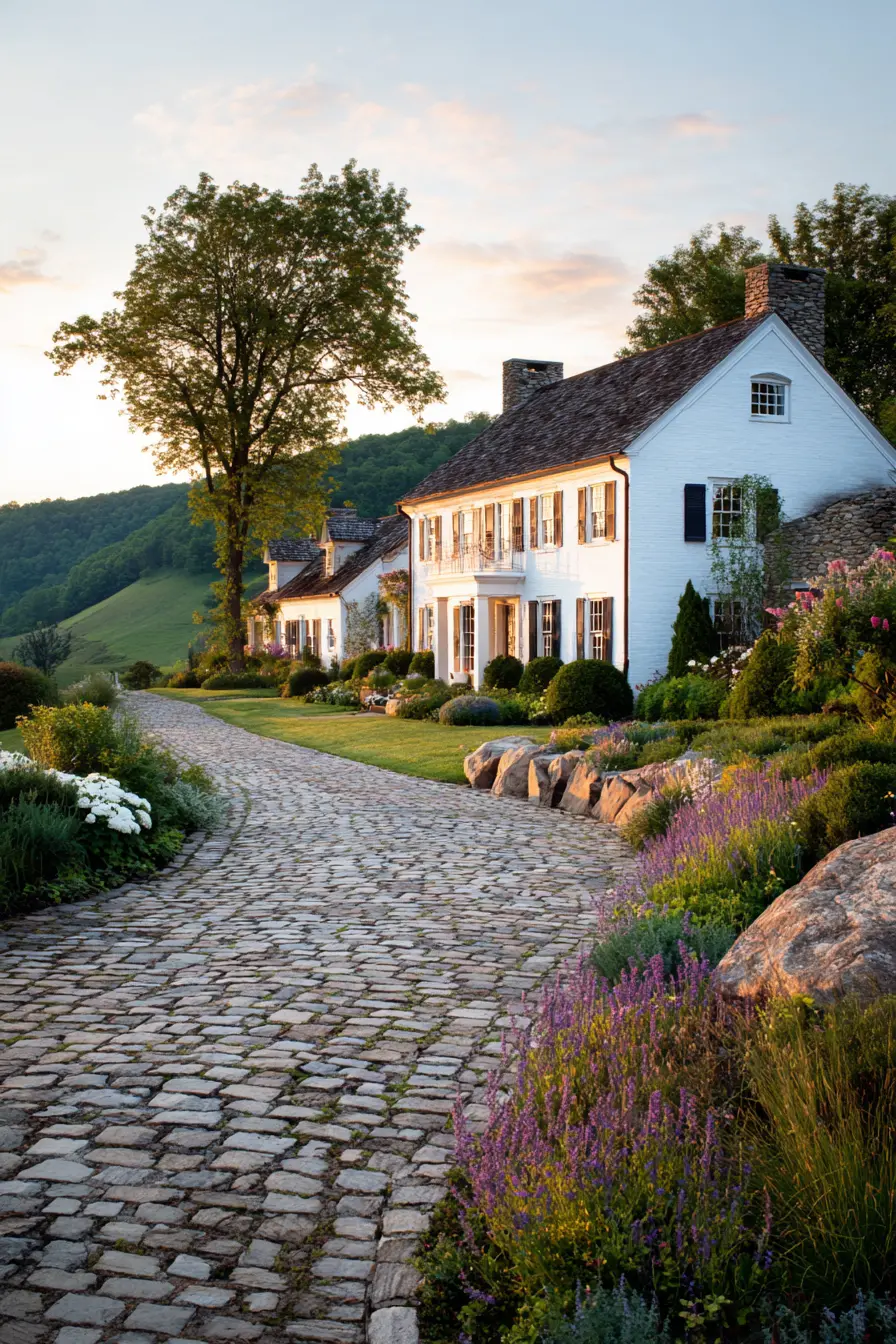 Cobblestone Driveway with Garden Charm
