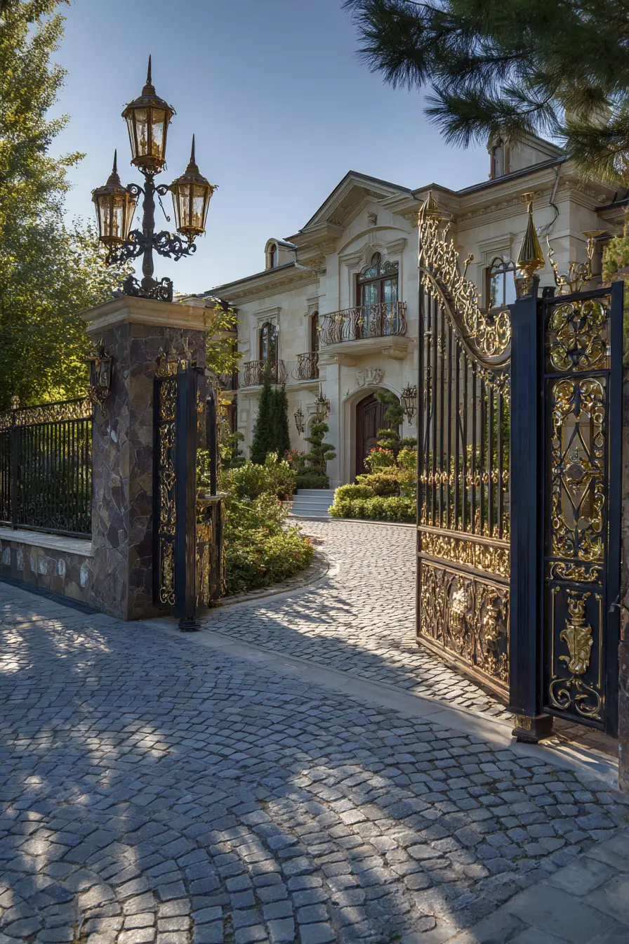 Elegant Cobblestone Driveway with Ornate Gates