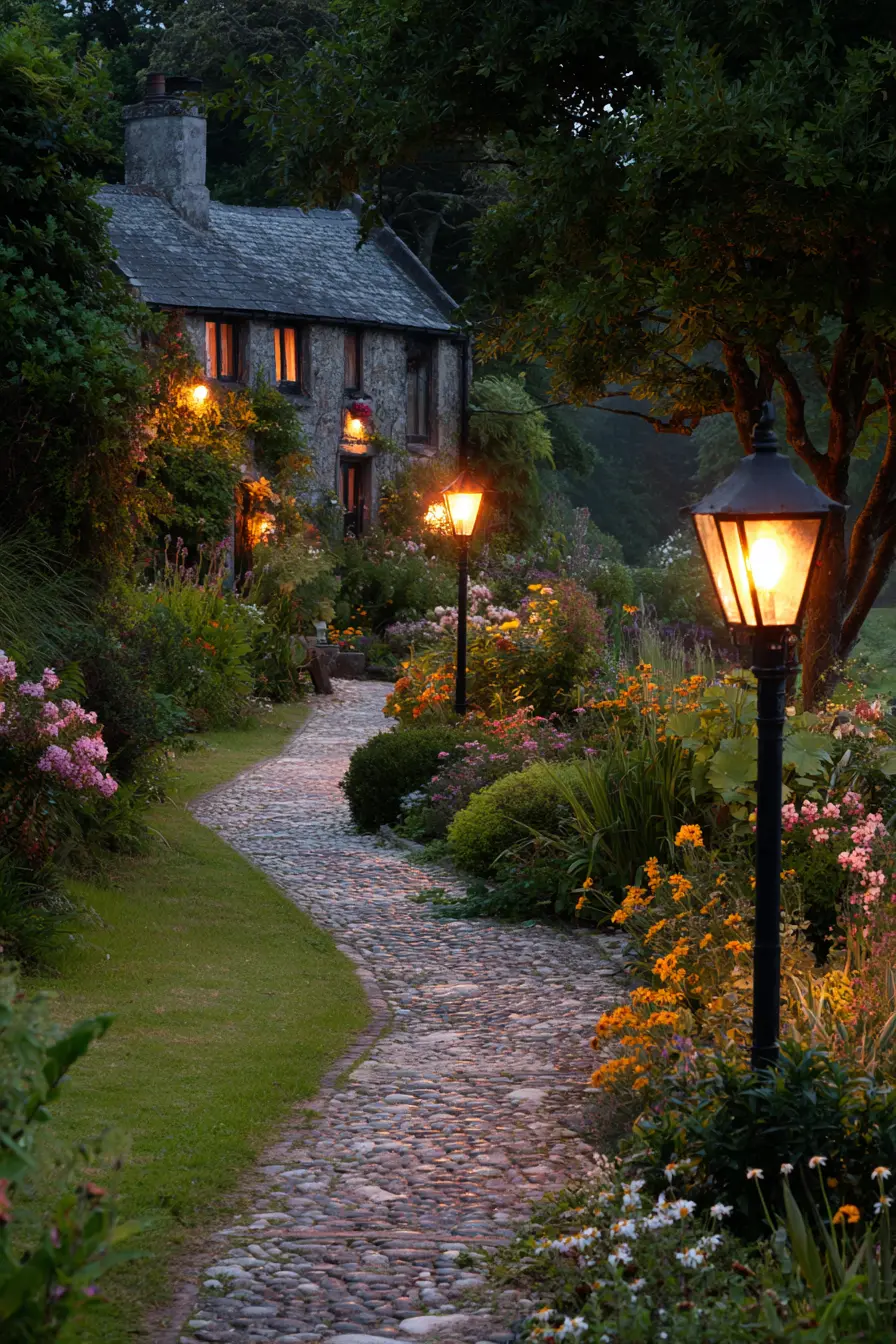 Cobblestone Pathway with Cottage Glow