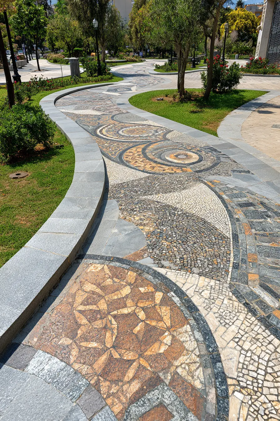 Artistic Limestone Walkway with Mosaic Patterns