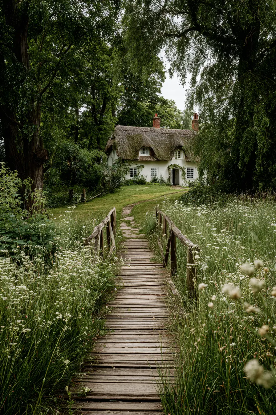 Wooden Bridge Pathway to a Cottage