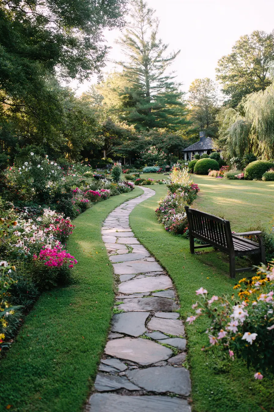 Curved Cement Walkway through Blooming Garden