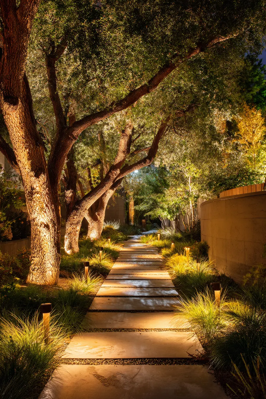 Driveway Pathway Framed with Uplighting and Tree Shadows