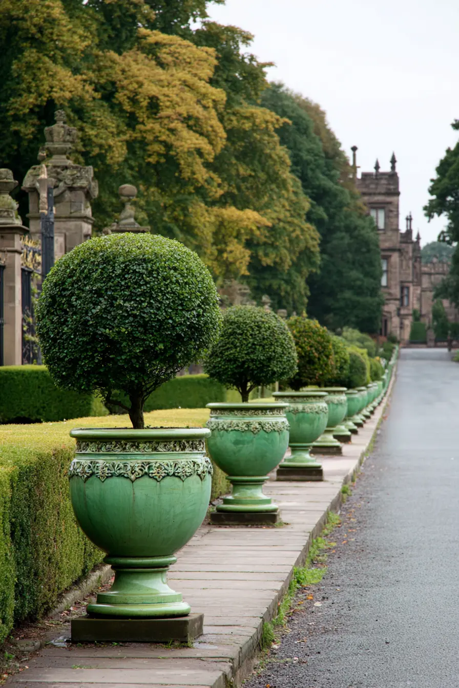 Elegant Green Urn Driveway Planters with Shaped Topiary