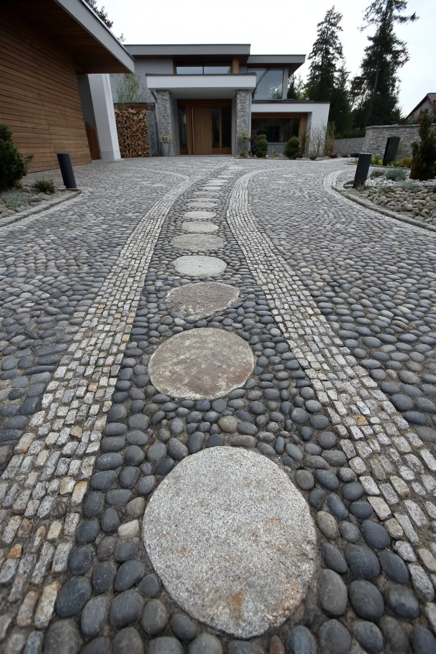 Contemporary Pebble Cobblestone Driveway with Unique Patterns