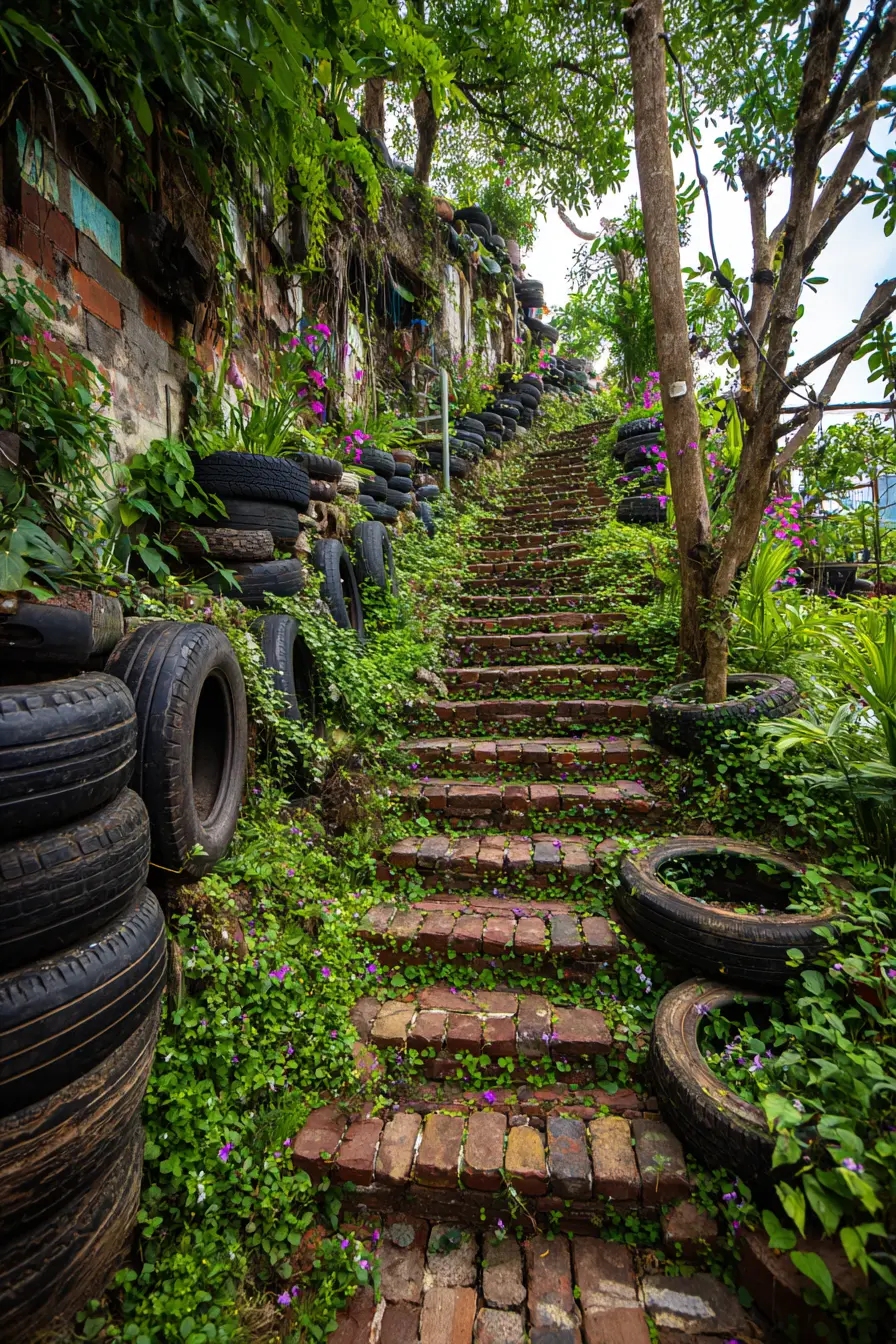 Creative Brick Steps with Recycled Tire Borders