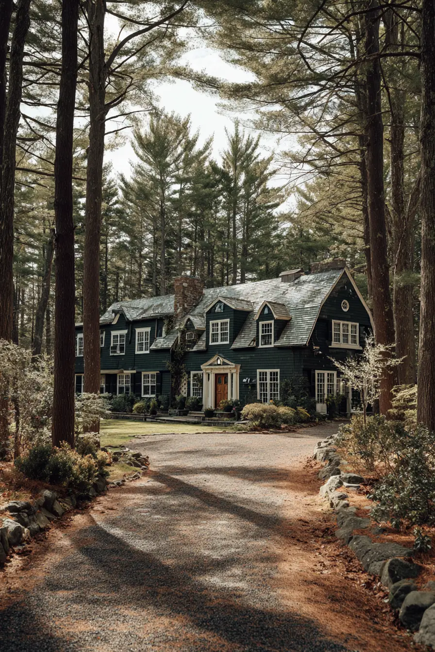 Grand Dark Green Manor Nestled in the Woods