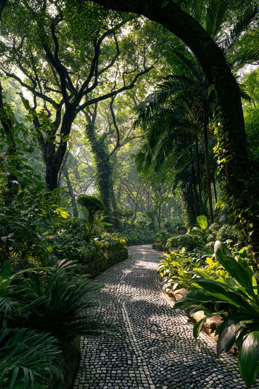 Shaded Gravel Pathway Through a Lush Green Garden