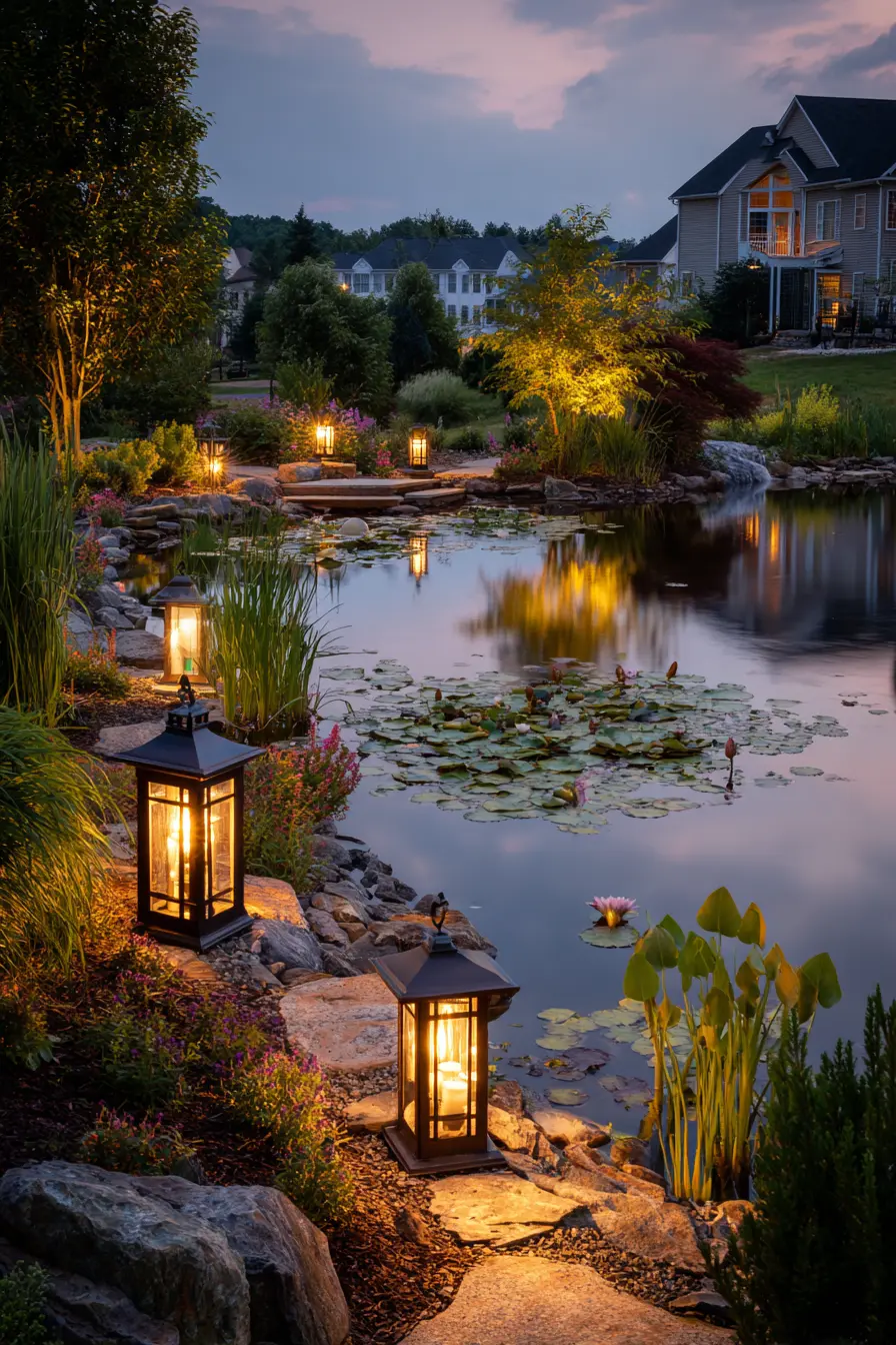 Pondside Lantern Lighting for a Tranquil View