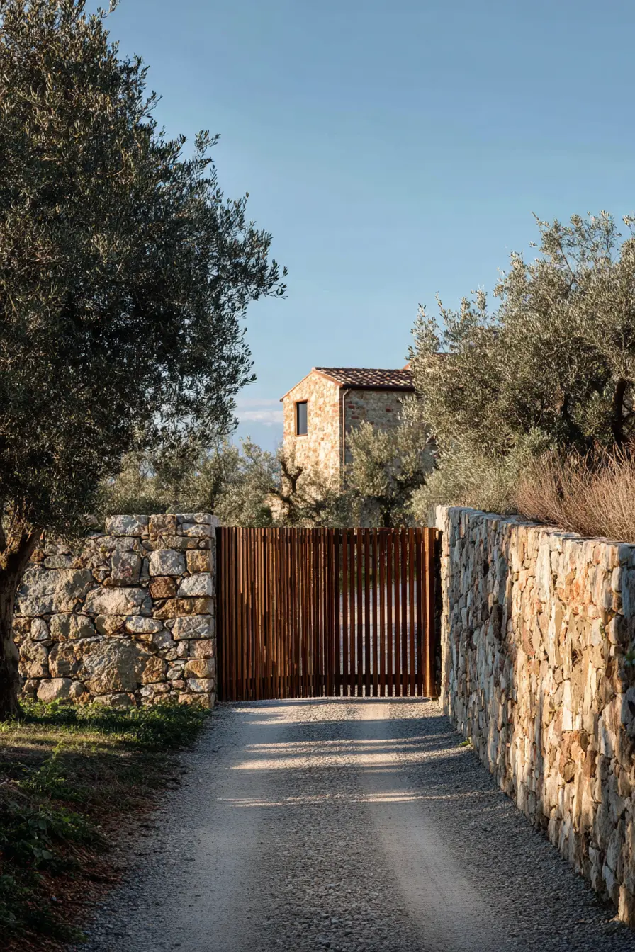 Stone Wall Driveway Divider with Wooden Gate