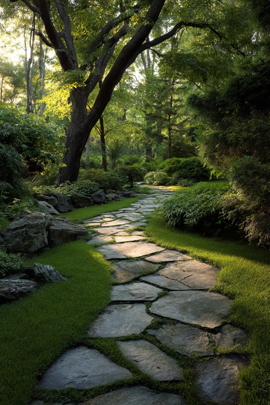 Natural Stone Path Surrounded by Lush Greenery