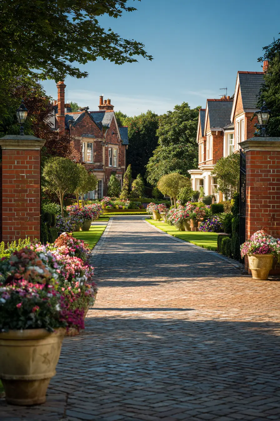Grand Brick Driveway with Floral Accents