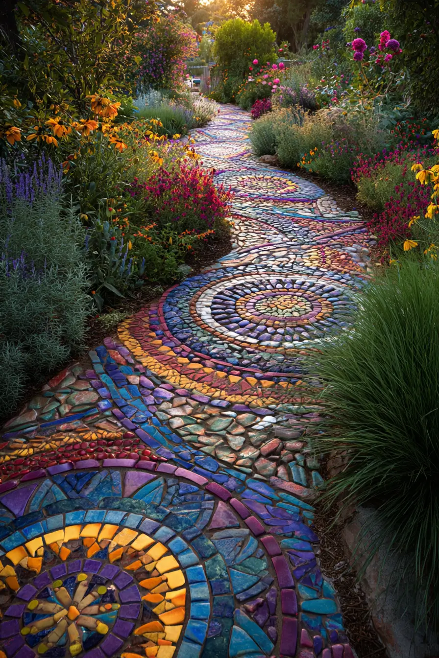 Vibrant Mosaic Walkway with Artistic Stepping Stones