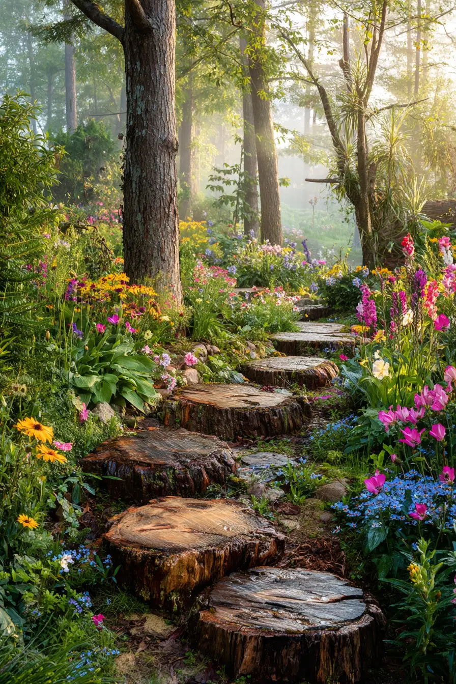 Whimsical Garden Steps Made from Tree Trunks