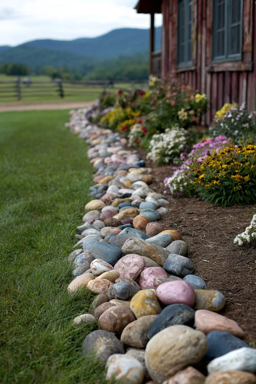 Colorful Rock Border for a Rustic Garden Bed