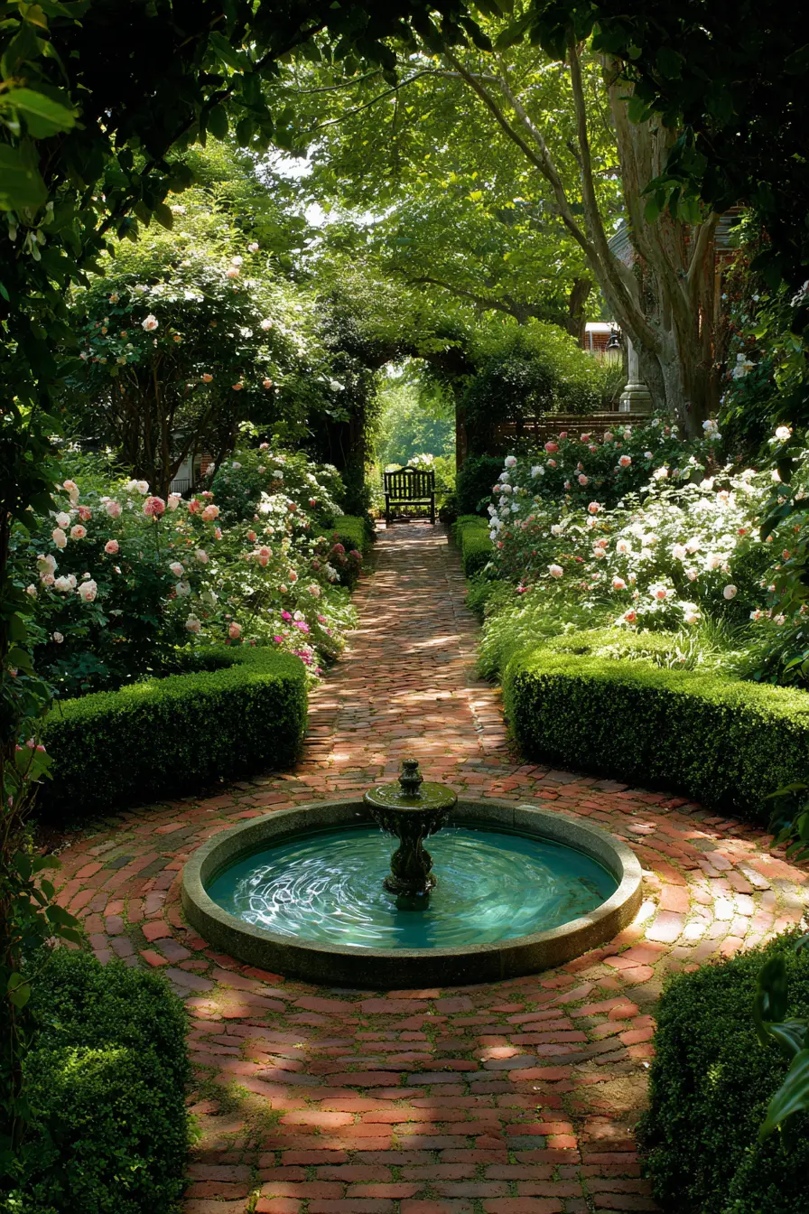 Brick Paver Pathway with Garden Fountain
