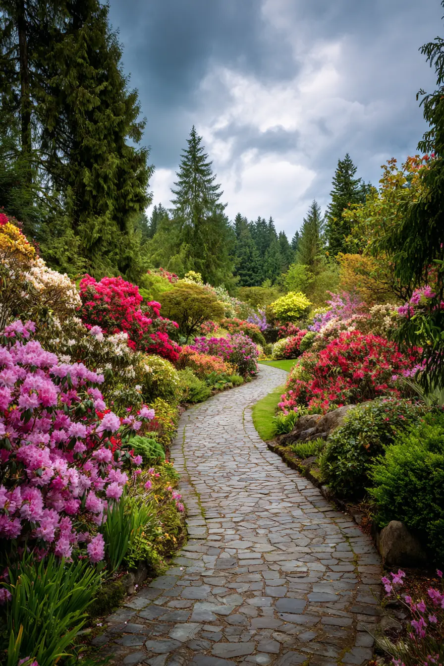 Cobblestone Pavers Framed by Blooming Gardens