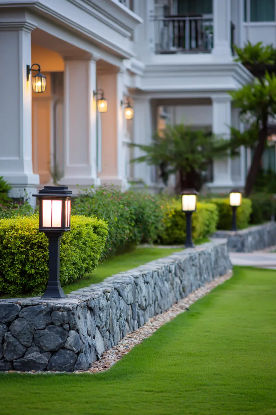 Stone Wall with Pathway Lighting