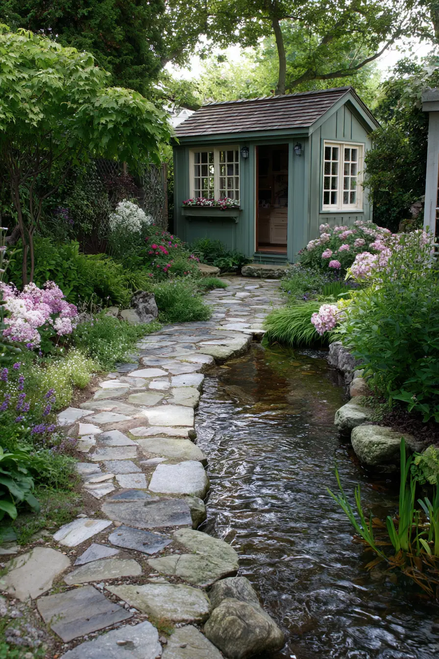 Stone Walkway Beside a Garden Stream