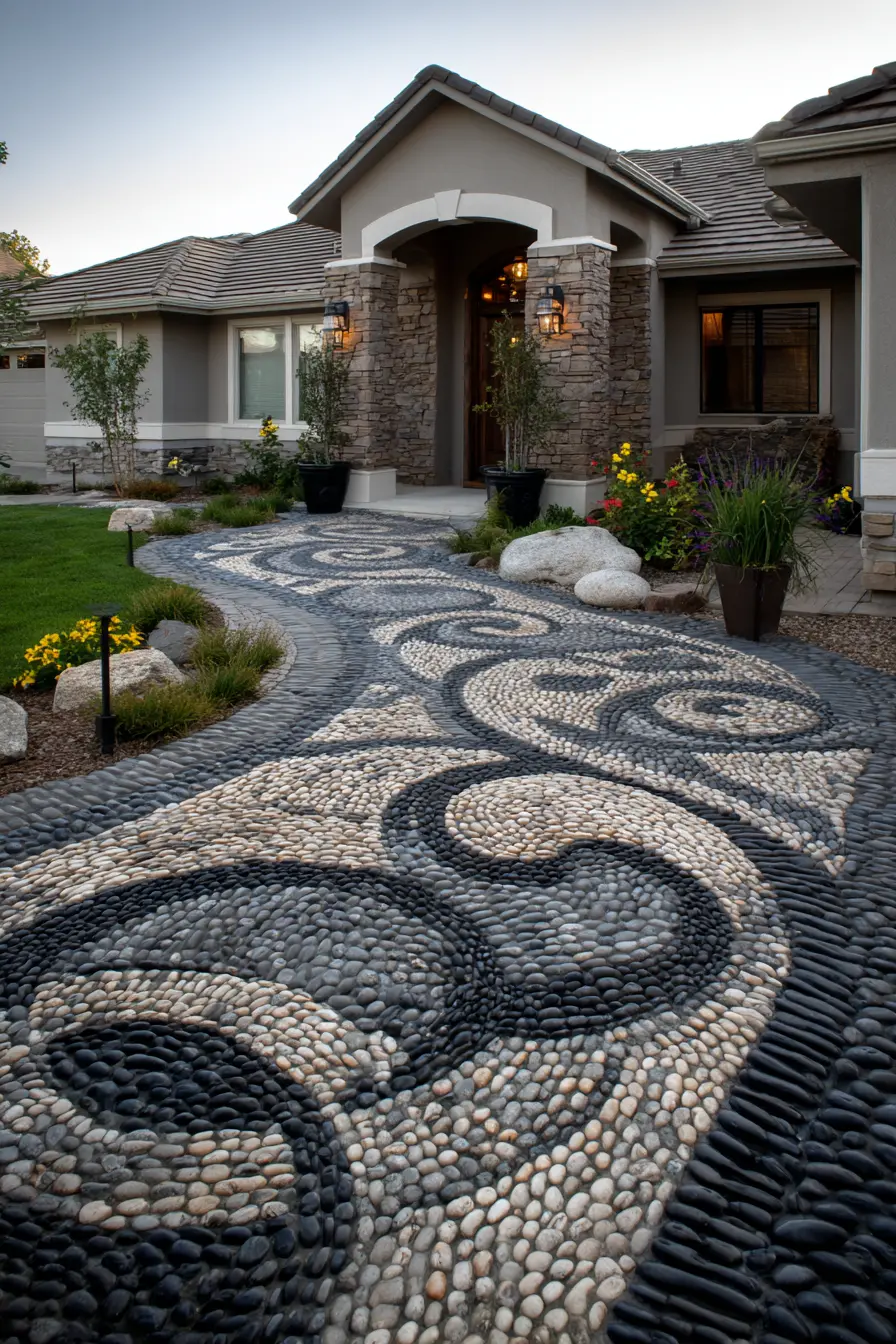 Artistic River Rock Driveway with Swirl Patterns
