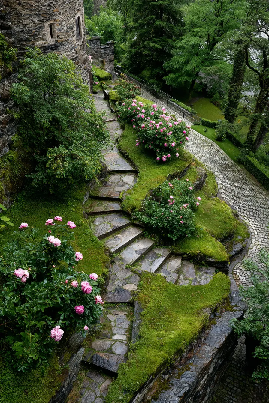 Curved Stone Garden Stairs with Roses