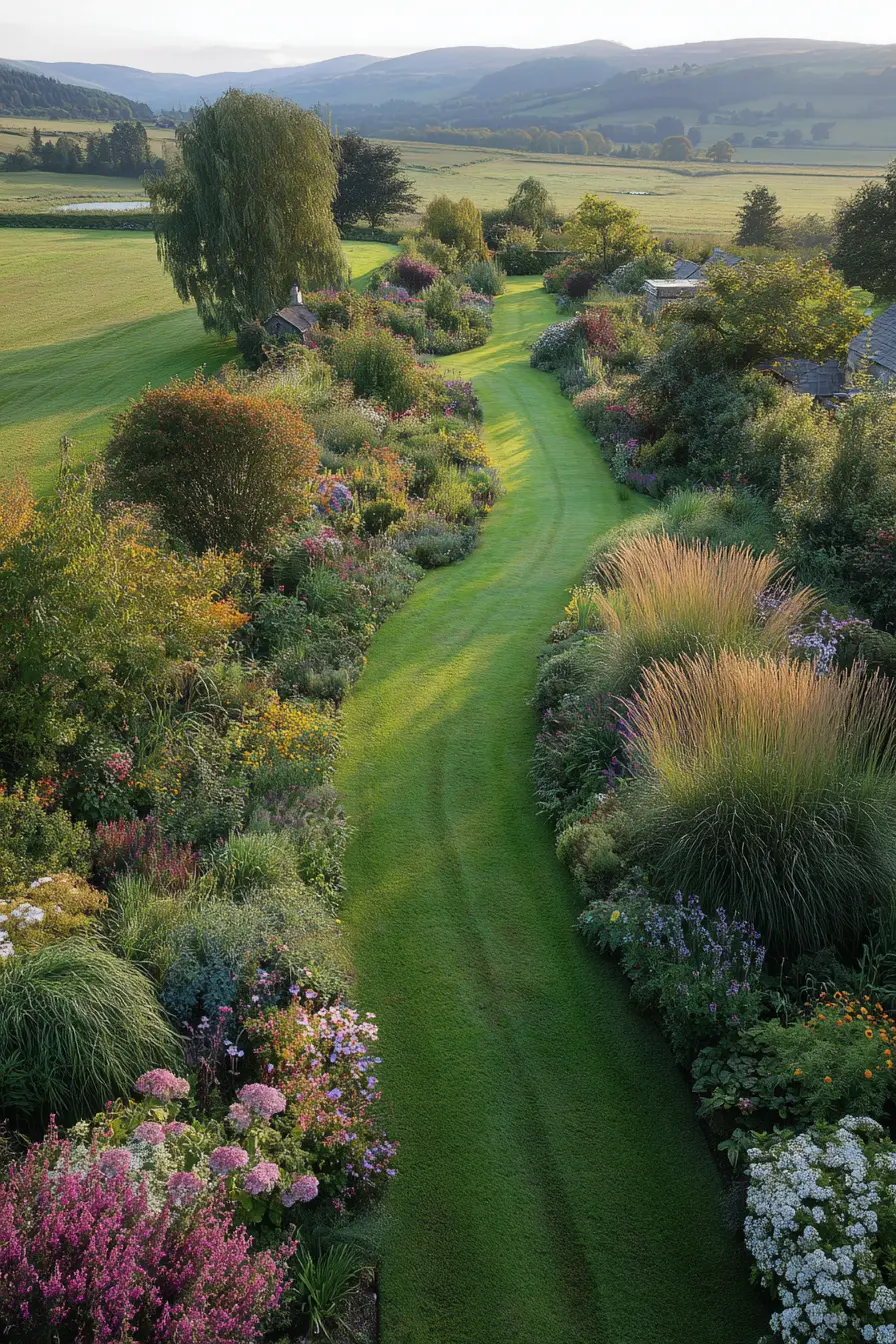 Grass Path Through Colorful Borders