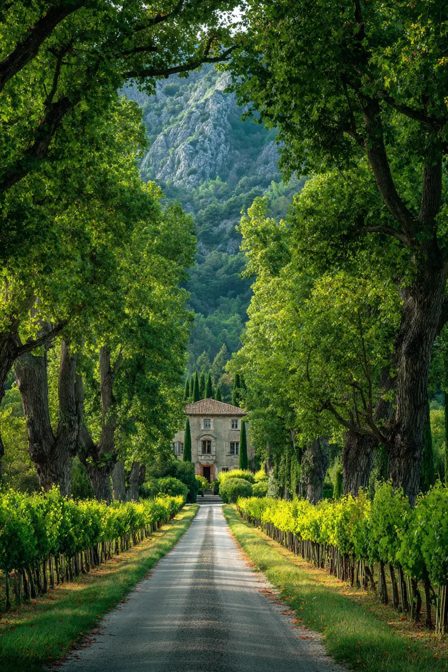 Gravel Driveway with Vineyard and Tree Lining