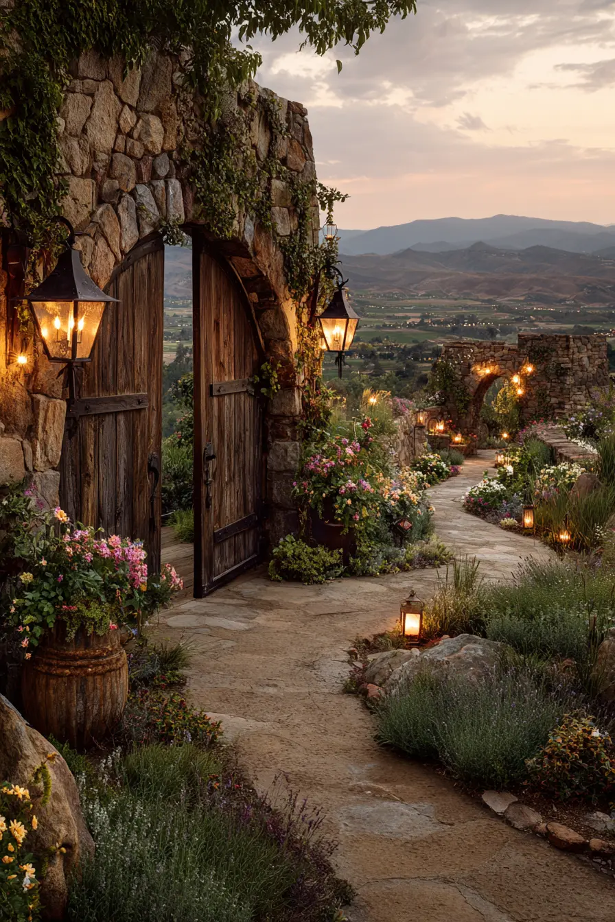 Ranch Driveway with Stone Walls and Lantern Glow