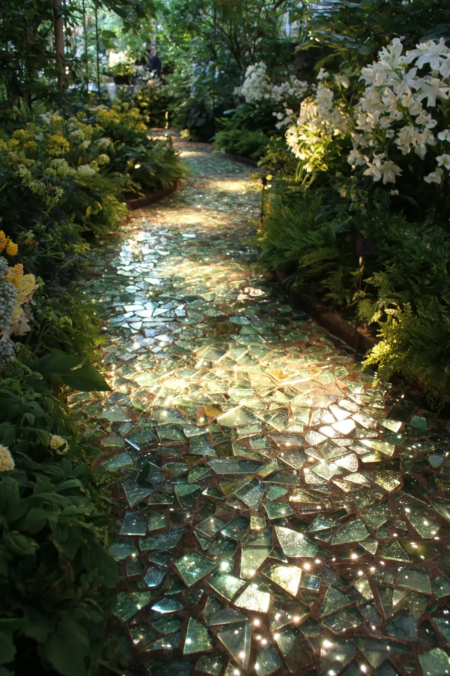 Sparkling Glass Walkway in a Garden Glow